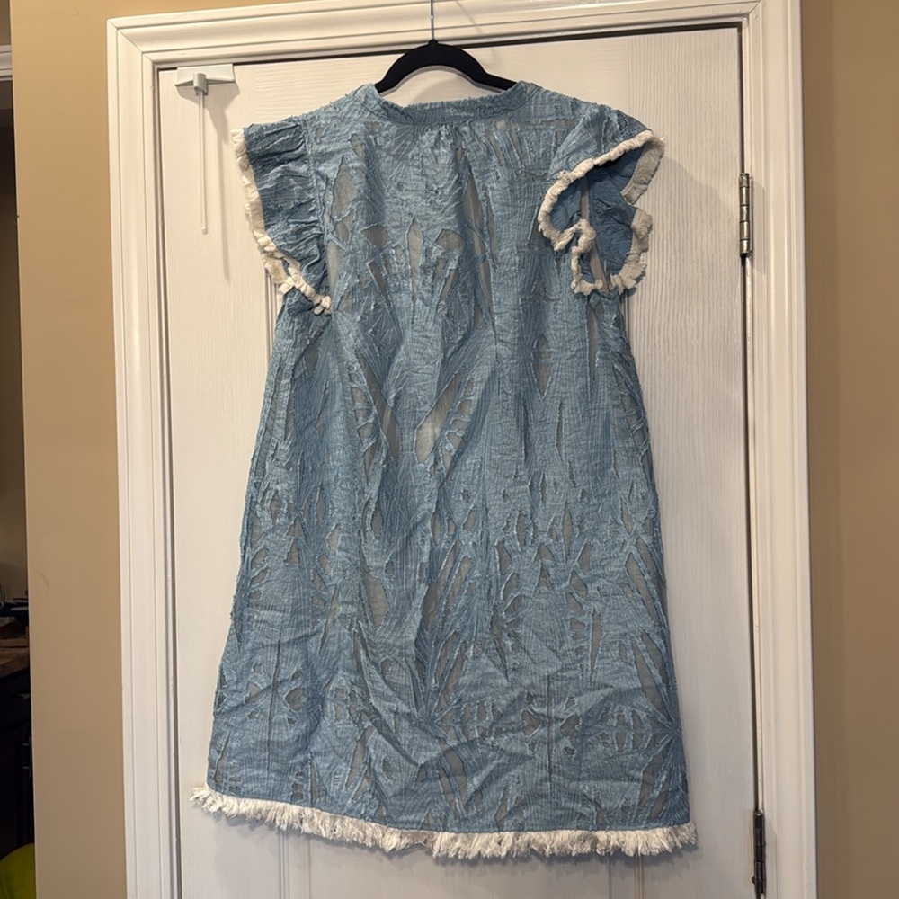 VOY Blue V-Neck Ruffle Sleeve Fringe Burnout Shift Dress Med Boho Cotton Linen - Picture 5 of 8